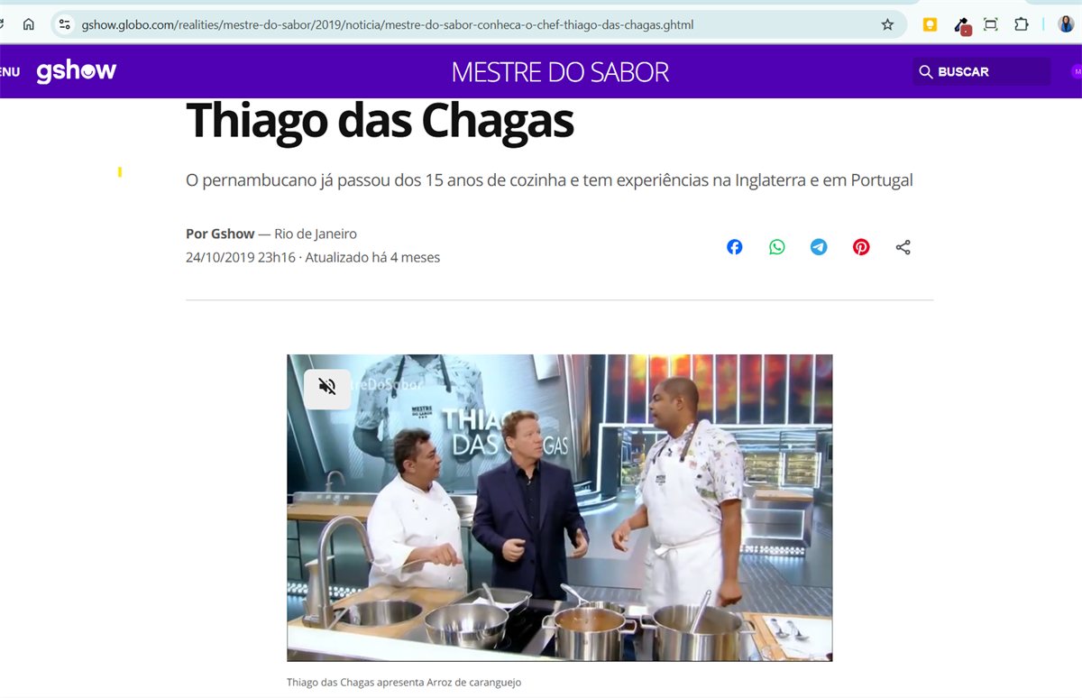 Reportagem do gshow sobre a participação de Thiago das Chagas no programa Mestre do Sabor, da TV Globo